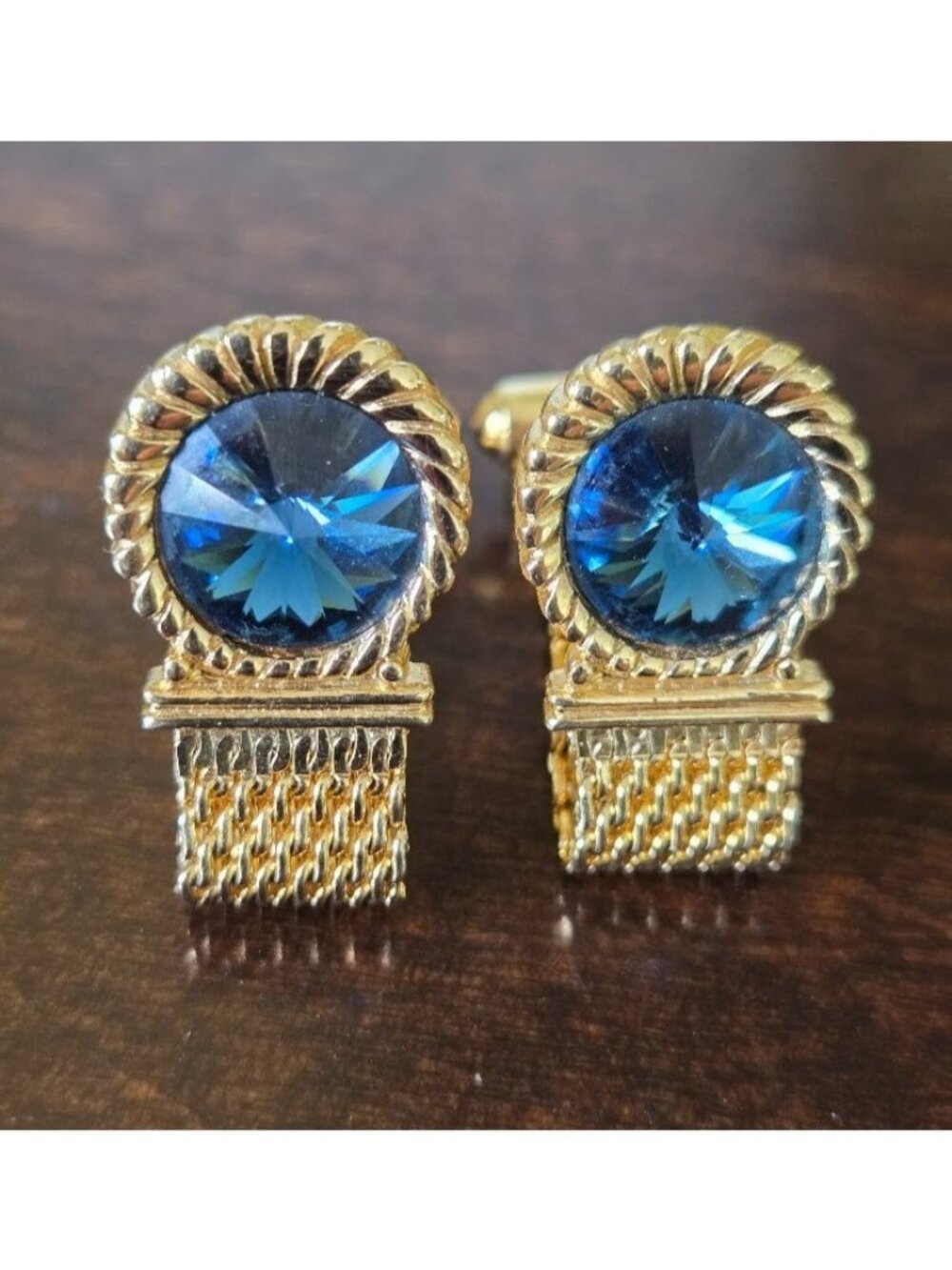 Vintage Swank Blue Rivoli Crystal Gold Tone Mesh Wrap Around Cufflinks MCM 1960s